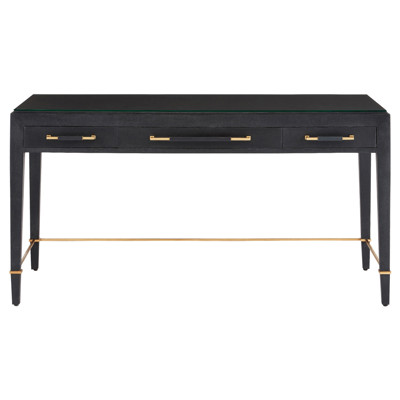 Audrina Rustic Lodge Black Lacquered Linen Mahagony Wood 3 Drawer Desk