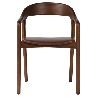 Nanda Rustic Brown Upholstered Leather Seat Solid Ash Wood Dining Arm Chair