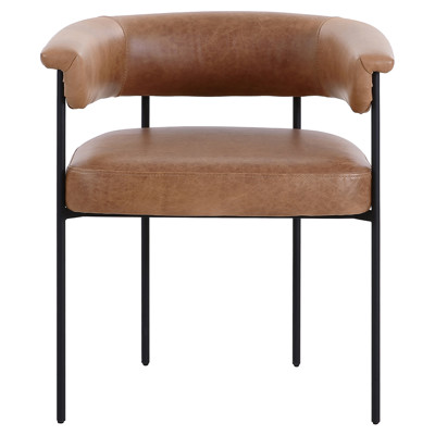 Penelope Industrial Brown Upholstered Leather Black Iron Barrel Dining Arm Chair