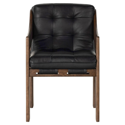 Hadley Rustic Lodge Black Upholstered Leather Brown Wood Tufted Dining Arm Chair