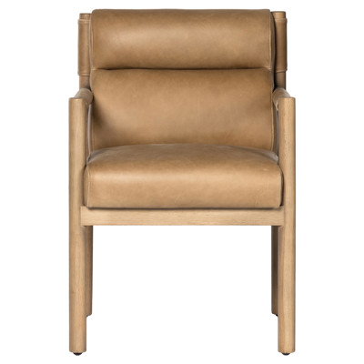 Elodie Mid Century Brown Upholstered Leather Wood Frame Tufted Dining Arm Chair