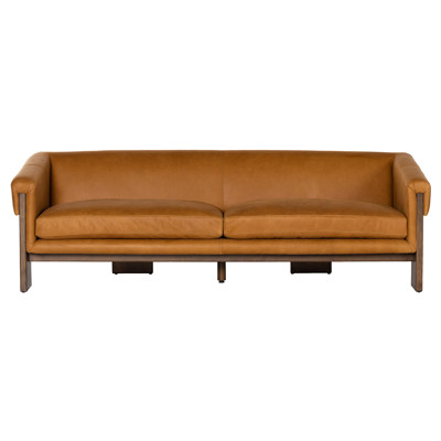 Cabrina Mid Century Modern Cognac Leather Brown Wood Sofa - 91"