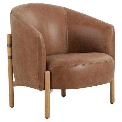 Emmie Rustic Lodge Brown Leather Oak Barrel Occasional Chair