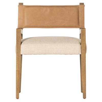 Ely Rustic Cream Performance Seat Beige Wood Leather Dining Arm Chair