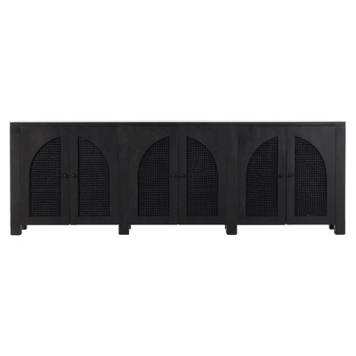 Kashton Mid Century Black Solid Mango Wood Arched Woven Cane 6 Door Sideboard