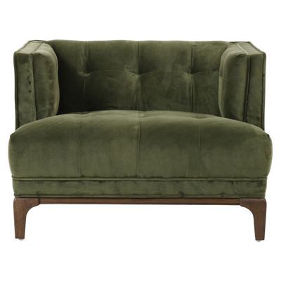 Allen Mid Century Green Velvet Upholstered Brown Wood Tufted Arm Chair