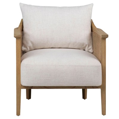 Dorey Coastal Beach Cream Upholstered Woven Rattan Natural Wood Occasional Chair