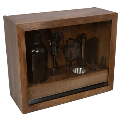 Pierce Mid Century Brown Mango Wood Black Steel 10 Piece Old Fashioned Bar Set