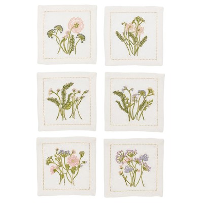 Meadow French Country White Linen Cocktail Napkin - Set of 6