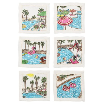 Pool Day Modern White Linen Cocktail Napkin - Set of 6