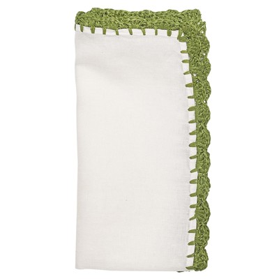 Ida Shell Edge Coastal White Linen Green Raffia Trim Napkin - Set of 4