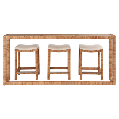 Carter Coastal Brown Travertine Top Natural Rattan Console Table with Stools