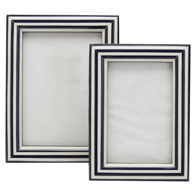 Audrina Modern Navy Blue Striped Bone White Resin Photo Frame - Set of 2