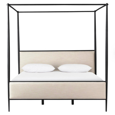 Isabella Modern Classic Cream Upholstered Black Iron Canopy Bed - King