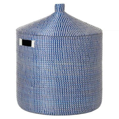 Pigeon and Poodle Roslyn Coastal Beach White Woven Navy Seagrass Hamper- Large