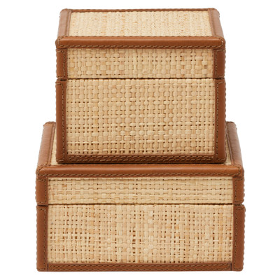 Pigeon and Poodle Hanford Natural Raffia Brown Leather Trim Decorative Box - Set of 2