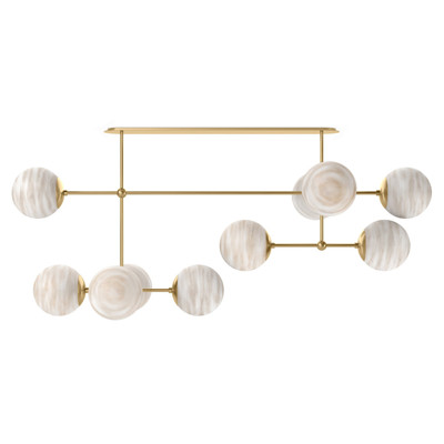 Schwung Armstrong Modern Burnished Brass Marble White Globe Linear Chandelier