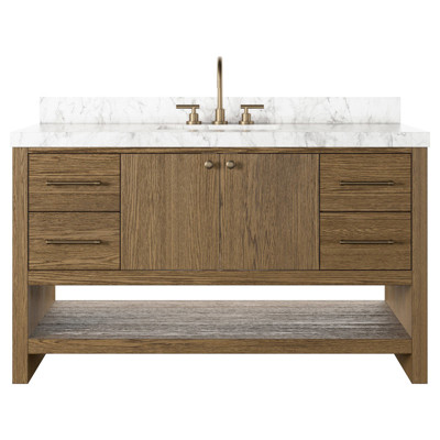 Allissa Modern Classic Carrara Marble Natural Oak Wide Vanity Sink - 55"