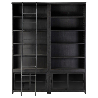 Admund Modern Classic Black Oak Wood Double Bookcase Ladder