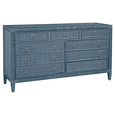 blue wicker dresser Kalea Coastal Beach Dark Woven Rattan 9 Drawer four drawer design with