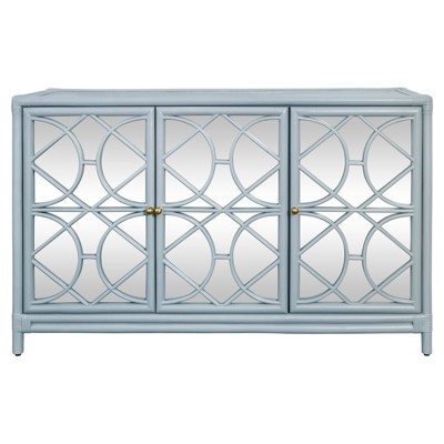 Worlds Away Aria Coastal Beach Light Blue Rattan Mirror Front Sideboard