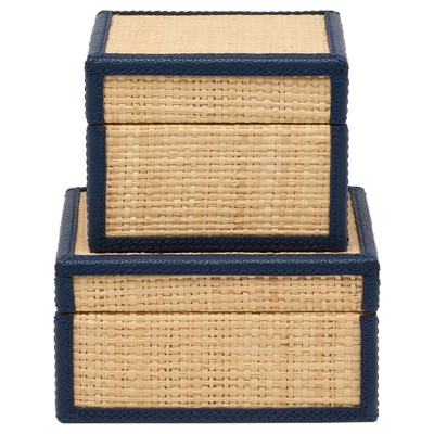 Pigeon and Poodle Hanford Natural Raffia Blue Leather Trim Decorative Box - Set of 2