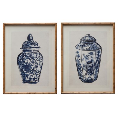 Stellan Traditional Blue Ginger Jar Brown Frame Diptych Illustration - 28x22