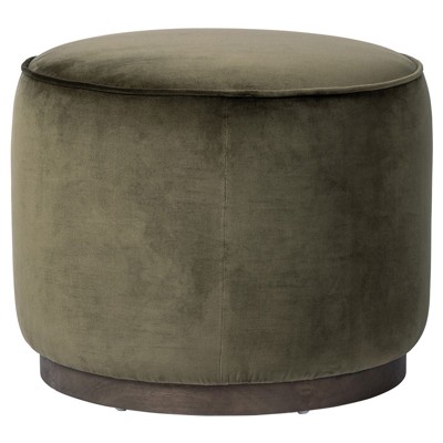 Leah Modern Classic Olive Green Velvet Brown Wood Round Ottoman - 22"