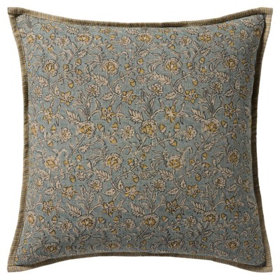 Isari Updated Traditional Light Blue Linen Floral Throw Pillow - 22x22
