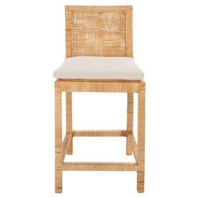 Layla Coastal Beach White Linen Natural Cane Woven Counter Stool