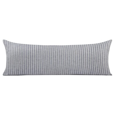 Yvora Coastal Beach Light Blue Striped Linen Lumbar Pillow - 14x40