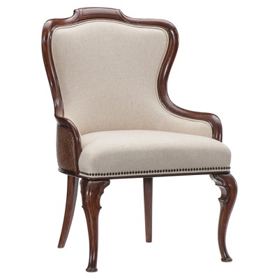 Harry Updated Traditional Beige Upholstered Cherry Wood Dining Arm Chair