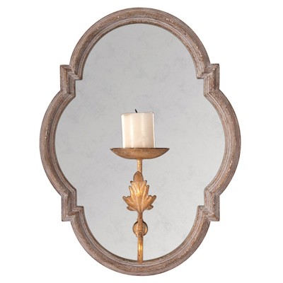 Amelisse French Country Distressed Brown Wood Antique Mirror Candle Wall Light Sconce