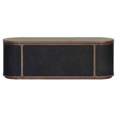Bertie Rustic Lodge Black Painted Linen Brown Wood Round Storage Bench