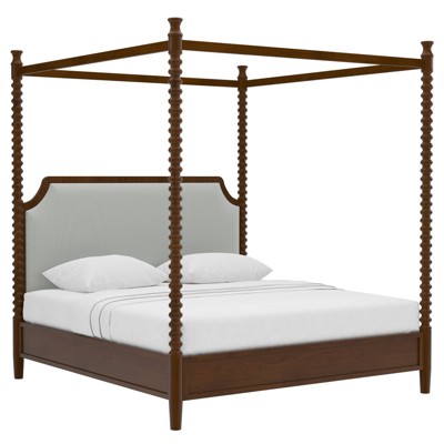 Theodora French Green Striped Brown Wood Canopy Spindle Bed - King