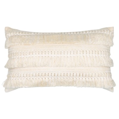 Jaime Coastal Beach Cream Fringe Indoor Outdoor Lumbar Pillow - 12x20