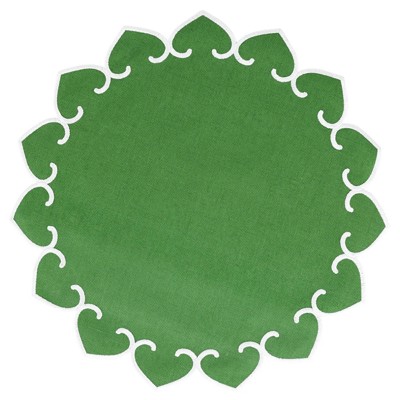 Tessuti Updated Traditional Green Linen White Stitch Round Placemat - Set of 4