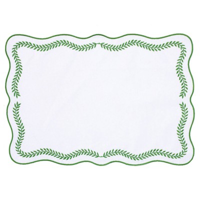 Tessuti Traditional Sage Green Ivy White Linen Rectangular Placemat - Set of 4