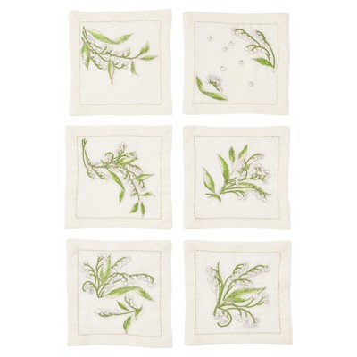 Vale White Linen Floral Cocktail Napkin - Set of 6