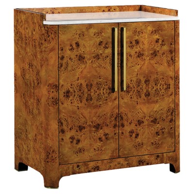 Asher Modern Classic White Marble Brown Burl Bar Cabinet