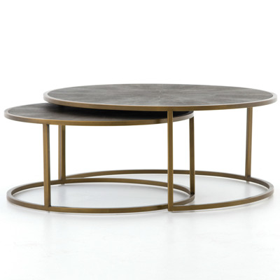 Ena Modern Regency Antique Brass Shagreen Round Nesting Round Coffee Table