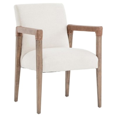 Jolie French Cream Upholstered Brown Oak Wood Leather Wrapped Dining Arm Chair