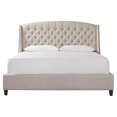 Artisan Beige and Graphite Queen Upholstered Panel Halston Bed with Nailhead Trim