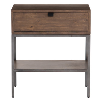 Theodore Industrial Loft Brown Wood Grey Iron Leather Pulls 1 Drawer Nightstand