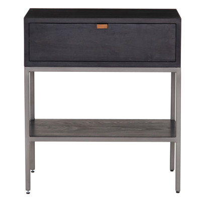 Theodore Industrial Loft Black Wood Grey Iron Leather Pulls 1 Drawer Nightstand