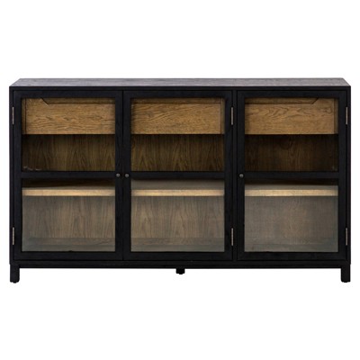 Clarence Rustic Lodge Matte Black Oak Wood Clear Glass 3 Door Sideboard