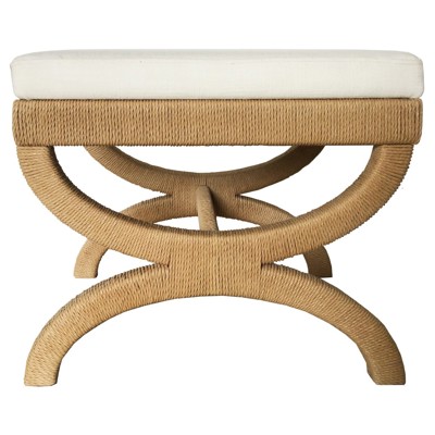 Worlds Away Xanadu Coastal Beach White Upholstered Seat Natural Rope Stool