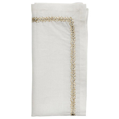 Jardin Modern Gold Embroidered White Linen Napkin - Set of 4