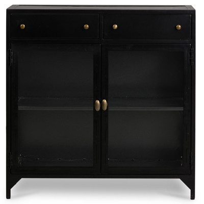 Katren Industrial Loft Black Metal Clear Tempered Glass 2 Door Sideboard
