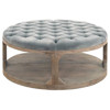 Marie French Country Round Grey Blue Velvet Tufted Wood Round Cocktail Ottoman